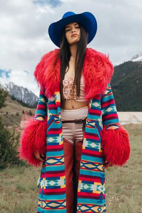 Pendleton Blankets, Shaggy Long Hair, Mongolian Fur, Unique Clothes, Pendleton Blanket, Fur Cuffs, San Gabriel, Sweat Dress, Pink Turquoise