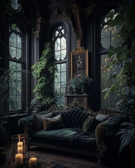 Slytherin Decor, Gothic Cottage, Dark Cottage Core, Gothic Interior, Fantasy Rooms, Dark Home Decor, Goth Home, Dark Home, Upcycle Decor