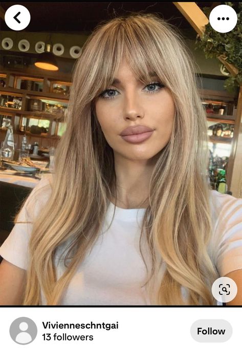 Bardot Fringe Long Hair, Dark Blonde Hair With Fringe, Long Blonde Hair With Bangs And Layers, Balayage Hair With Fringe, Face Framing Fringe Bangs, Blonde Fringe Bangs, Full Fringe Hairstyles, Blonde Hair With Fringe, Blond Pony