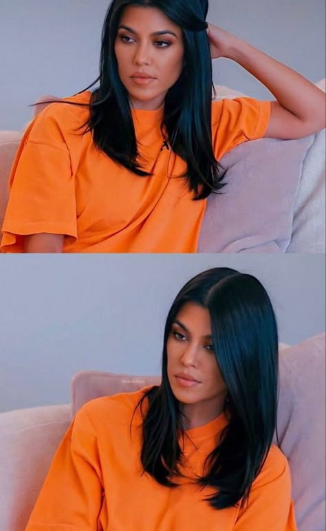 Kourtney Kardashian Long Bob, Mid Style Haircut, Kourtney Kardashian Medium Length Hair, Kourtney Kardashian Hair Long, Haircuts That Make Your Face Thinner, Dark Hair Medium Length, Kourtney Kardashian Hairstyles, Straight Haircut With Layers, Haircut Trends 2024 Women