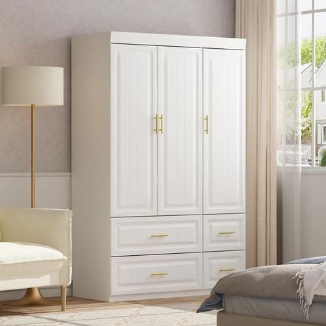 Modern Freestanding Wardrobe Armoire Closet High Cabinet Storage White - Bed Bath & Beyond - 36256383 Closet Storage Cabinets, Freestanding Wardrobe, Armoire Closet, Storage Solutions Closet, High Cabinet, 4 Door Wardrobe, Closet Colors, Seattle Homes, Wooden Wardrobe