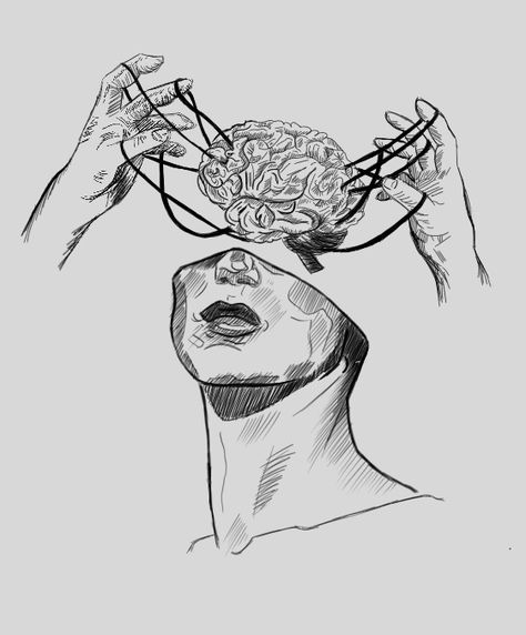 Brain In Head Drawing, Trapped In My Own Mind Sketch, Rotting Brain Drawing, Busy Mind Drawing, Psychology Sketches, Get Out Of My Head Art, Brain Sketch Art, Mind Drawing Thoughts, Head Full Of Thoughts Drawing