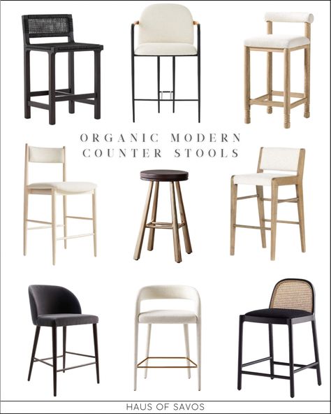 Transitional Counter Stools, Modern Organic Kitchen, Modern Kitchen Stools, Modern Bar Stools Kitchen, Organic Modern Kitchen, Black Counter Stools, Rattan Counter Stools, Counter Stools With Backs, Stools Kitchen