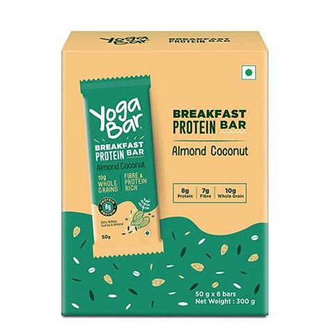 Yogabar Breakfast Protein-Bar Almond Coconut - Wholegrain Low Fat Snacks with Millets and Oats, High in Protein (8g) and Fibre, Gluten Free Granola Bar with Chia and Flax Seeds (6 Bars): Amazon.in: Grocery & Gourmet Foods Granola Bar Advertisement, Granola Bar Packaging, Gluten Free Granola Bars, Amazon Aesthetic, Dti Codes, Glass Shelves Decor, Breakfast Protein, Low Fat Snacks, Organic Bar