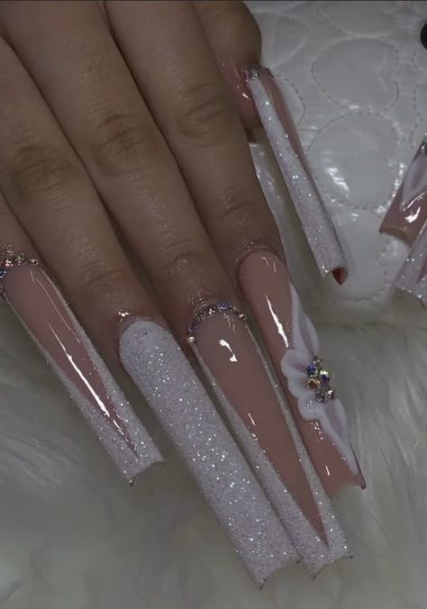 White Nails With Red Rhinestones, 2xl Nails, White Red Bottom Nails, Long Acrylic Nails White, Long Valentines Nails, White Elegant Nails, Pink Ombre Acrylic Nails, Long Nails With Gems, White Glam Nails