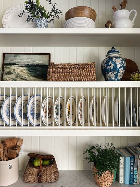 How to Style Open Shelving in a Kitchen (+ secret ingredients to add to the mix!) - The Inspired Room Coastal Cottage Kitchen, Freestanding Kitchen Island, Laundry Room Lighting, Christmas House Tour, Styling Shelves, Plate Rack, Freestanding Kitchen, Up House, Cottage Kitchen