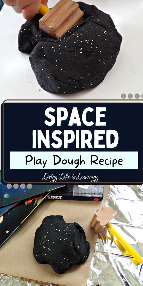 Our new favorite is this Outer Space Inspired Play-Dough Recipe. It is easy to make, has a fun color & sparkle, and can lead to fun activities all about outer space! Outer Space Preschool Craft, Moon And Stars Preschool Activities, Space Play Ideas, Space Theme Movement Activities, Space Water Play, Space Light Table Activities, Diy Space Party Favors, Infant Light And Dark Activities, Planet Sensory Bin