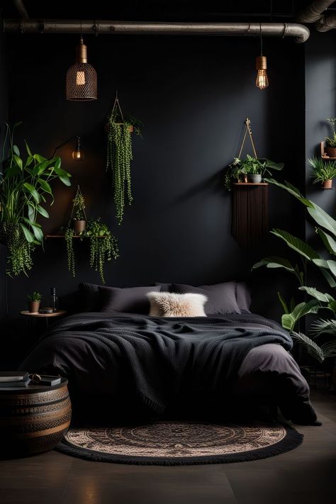 Boho Chic Dreams: Stylish Dark Bedroom Decor! Bedroom Aesthetic Dark, Modern Black Bedroom, Cool Loft Beds, Bunk Bed Accessories, Bed Mattress Sizes, Best Platform Beds, Teal Bedroom, Moody Bedroom, Black Storage