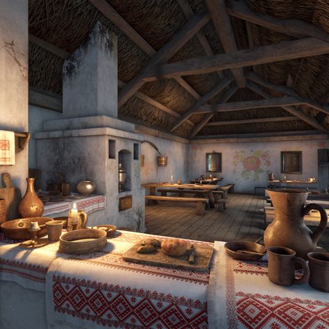 Slavic Interior, Slavic Furniture, Comic Landscape, Medieval Prison, Slavic Architecture, Kievan Rus, Medieval Aesthetic, Outdoor Structure, Medieval Houses