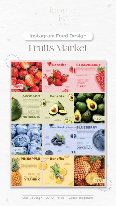 Fruit Instagram Feed, Fruit Social Media Design, Healthy Color Palette, Instagram Feeds Design, Instagram Feed Design, Instagram Feed Layout, Juice Branding, Email Design Inspiration, Instagram Feed Ideas Posts