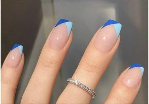 Angular French Tip Nails, Square Acrylic Nails Summer Colour, Dual Tone French Tip Nails, Crossover French Tip Nails, Blue Tip Nail Designs, Two Tone Tips Nails, Color Block French Tip Nails, Half And Half French Tip Nails, Double Color French Tip Nails