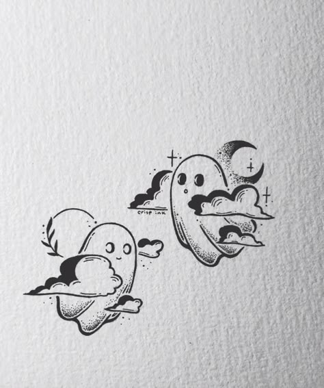 Matching Ghost Tattoos For 3, Crisp Ink Drawing, Simple Matching Ghost Tattoos, Matching Ghosts Tattoos, Cute Ghost Couple Tattoo, Ghost Friend Tattoos, Matching Spooky Tattoos, Matching Ghost Tattoos, Ghost Doing Things Tattoo