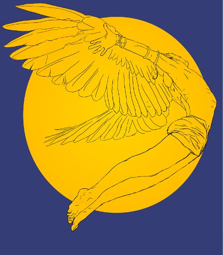 Icarus 'Gainst the Sun by Delilah Desanges Icarus Flying Tattoo, Dedalus And Icarus, Icarus Tattoo Simple, Icarus Art Drawings, Icarus Tattoo Minimalist, Icarus Falling From The Sun Tattoo, Icarus Illustration, Icarus Flying, Icarus And The Sun