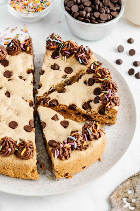 The Best Vegan Chocolate Chip Cookie Cake (Gluten-Free) Vegan Cookie Cake, Best Vegan Chocolate Chip Cookies, Chocolate Chip Cookie Cake Recipe, Vegan Chocolate Ganache, Chocolate Ganache Recipe, Chocolate Ganache Frosting, Chocolate Chip Cookie Cake, Gluten Free Chocolate Chip Cookies, Ganache Recipe