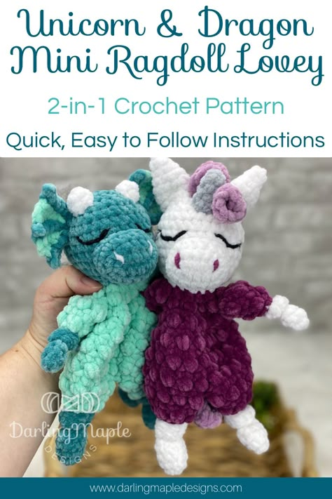 Create the perfect gift for that special someone with Darling Maple Designs’ 2-in-1 Unicorn and Dragon Mini Ragdoll Lovey Crochet Pattern! Our pattern is low sew, so it’s quick and easy to make. With our easy-to-follow instructions, you’ll be able to make a beautiful, one-of-a-kind gift in no time. Keep following us to stay updated on the newest crochet patterns! Crochet Stuffed Unicorn, Crochet Unicorn Lovey Free Pattern, Dragon Lovey Crochet Pattern Free, Crochet Snuggler Free Pattern Easy, Low Sew Crochet Amigurumi, Crochet Snuggler Free Patterns, Lovey Crochet Pattern Free, Crochet No Sew Amigurumi, Crochet Snugglers