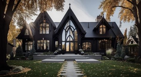 Black Farmhouse Exterior, Gothic Architecture House, Modern Gothic House, Gothic House Exterior, Gothic House Plans, Gothic Modern House, Modern Gothic Home, Dark Modern House, Gothic Style Home