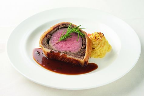 Recipe: Beef Wellington with Duchess potatoes and Bordelaise sauce - Bordelaise Sauce, Duchess Potatoes, Wellington Recipe, Beef Wellington Recipe, Emeril Lagasse, Fine Dining Recipes, Beef Wellington, Cooking Channel, Food Presentation