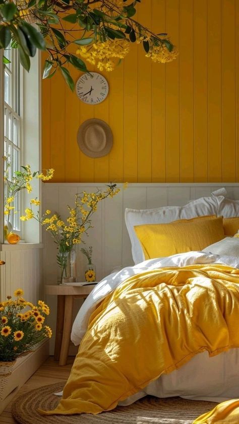 Stylish Small Bedroom, Bedroom Paint Ideas, Yellow Kitchen Cabinets, Bedroom Ideas For Women, Women Bedroom, Colorful Room Decor, Living Space Decor, Cozy Fall Bedroom, Yellow Room