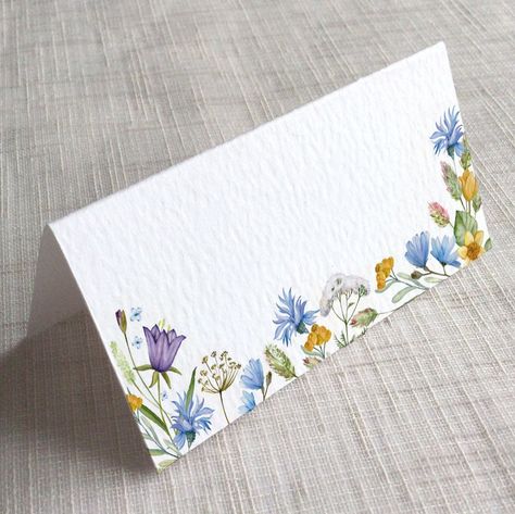 Wedding Guest Names Place Settings, Name Table Cards, Wedding Guest Name Cards, Flower Place Cards, Wild Flower Design, Wedding Table Name Cards, Place Name Cards, Meadow Wedding, Watercolour Wedding Stationery