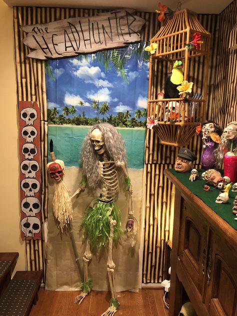 Halloween Tiki Party, Tropical Halloween, Spooky Island Party, Haunted Luau Party, Haunted Luau, Creepy Tiki Party, Vinyl On Wall, Haunted Tiki Bar, Tiki Bars Diy