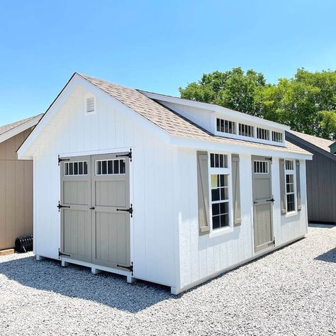 In Stock Storage Sheds and Garages - Smucker Farms - Nashville, TN Shed With Garage Doors, House And Shed Colors, Large Storage Sheds Ideas Backyard, Farmhouse Sheds Backyard, Outdoor Sheds Ideas, Large Shed Plans, Large Garden Shed, Outdoor Shed Paint Colors, Tuff Shed Garage