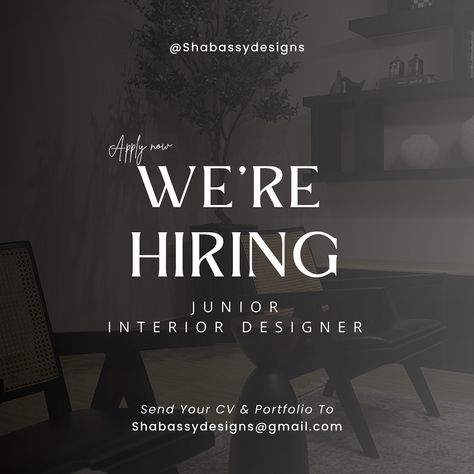 WE’RE HIRING Junior interior designer (1 - 2 Years of experience) Location: Alexandria Send your CV & Portfolio to Shabassydesigns@gmail.com Interior Design Cv, Cv Portfolio, It Cv, Cv Design, We're Hiring, Interior Designer, Design Ideas, Portfolio, How To Apply