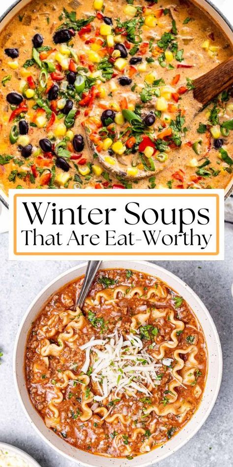 Article on 21 Winter Soups. Souper Bowl Soups, Soups For Large Groups, Good Soups For Winter, Cold Weather Lunch Ideas, Rainy Day Soups, Favorite Soup Recipes, Crockpot Recipes For Winter, Best Homemade Soup Recipes, Great Soup Recipes