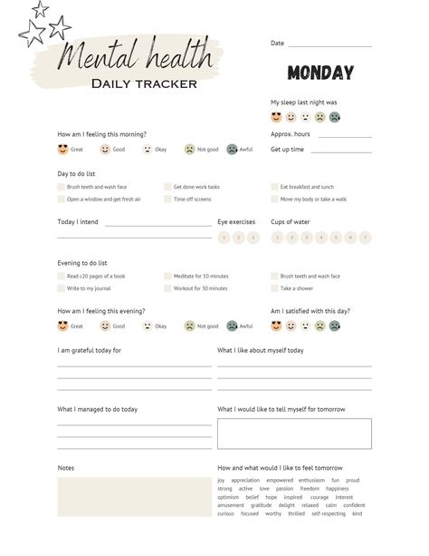 Daily Routine Schedule Mental Health, Daily Tracker Template, Mental Health Journaling Printable, Daily Tracker Ideas, How To Journal For Mental Health, Digital Planner Inspiration, Wellbeing Tracker, Wellness Diary, Daily Health Checklist