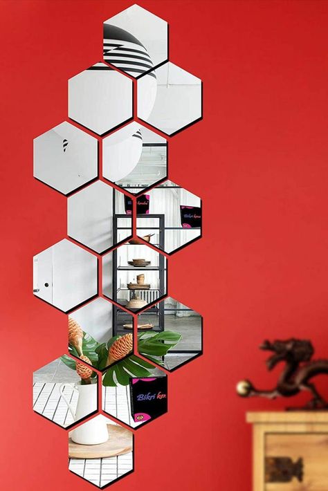 Modern Mirror Wall Decoration Ideas Living Room | Diy Mirror Wall Decor | Mirror Wall | Home Decor Hexagon Mirror Wall Decor, Mirror Wall Decor Bedroom, Acrylic Mirror Sheet, Diy Mirror Wall Decor, 3d Mirror Wall Stickers, Home Stickers, Hexagon Mirror, Spiegel Design, Mirror Wall Living Room