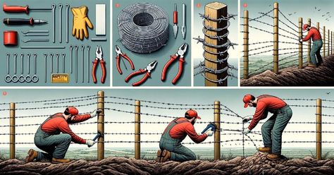 Step-by-step guide to installing a barbed wire fence safely. 🚧 Barbed Wire Fence, Diy Wire Fence How To Build, Barb Wire Fence, Barbed Wire Border, Fake Barbed Wire, Fencing Tools, Sheet Metal Brake, Barbed Wire Fencing, Wire Fence