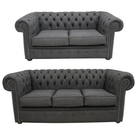 Mika Chesterfield 2 Piece Sofa Set Marlow Home Co. Chesterfield Sofa Living Room, Grey Sofa Set, Dining Room Colour Schemes, Velvet Sofa Living Room, Sofa Bed Furniture, Two Seater Couch, Timeless Sofa, Luxury Sofa Living Room, Grey Fabric Sofa