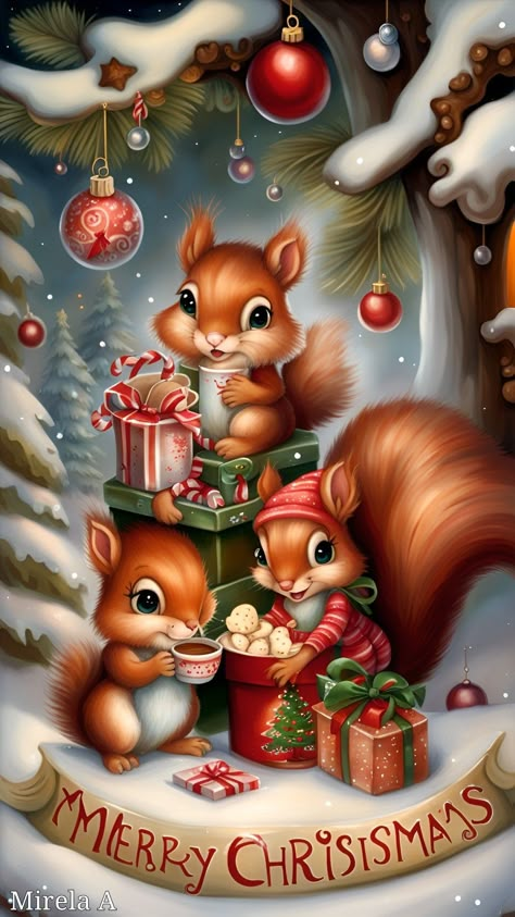 Animal Christmas Pictures, Christmas Animals Wallpaper, Vintage Merry Christmas Images, December Wallpaper Iphone, Squirrel Christmas, December Wallpaper, Christmas Squirrel, Merry Christmas Pictures, Christmas Scenery