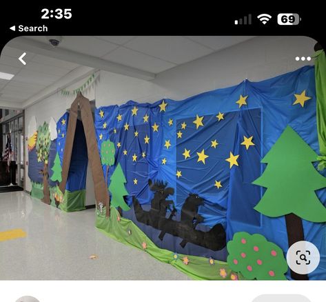 Summer Camp Classroom Themes, Camping Theme Hallway Decorations, Camp Theme School Hallway, Campfire Decorations For Classroom, Camp Theme Book Fair, Camping Hallway Decorations, Camp School Theme, Campfire Vbs Decor, Camping Classroom Decorations