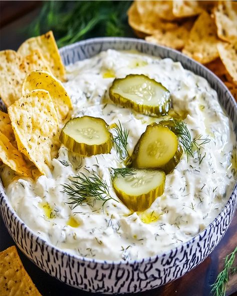 Discover a tangy and chunky Dill Pickle Dip recipe. Creamy, crunchy, and perfect for any occasion. Quick to make and full of flavor! Cheesy Dill Pickle Dip, Spring Dip Recipe, Dill Pickle Chip Dip, Dill Pickle Cheese Ball, Hoco Dinner, Dill Pickle Sauce, Baked Dip Recipes, Pickle Dishes, Dill Dip Recipe