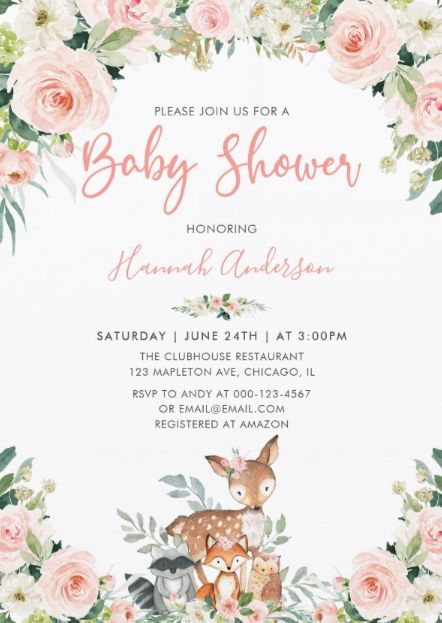 Forest Baby Shower Theme Girl, Enchanted Forest Baby Shower Theme, Forest Baby Shower Ideas, Forest Baby Shower Theme, Woodland Forest Baby Shower, Girl Woodland Baby Shower, Enchanted Forest Baby Shower, Girl Baby Shower Invitations, Woodland Baby Girl