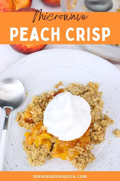 Craving a quick and delicious dessert? Try our no bake Microwave Peach Crisp! This recipe combines juicy peaches with a crispy oat topping, all made in minutes using your microwave. Perfect for when you want a warm, comforting dessert without the wait. Follow our simple steps to create this delightful treat and impress your guests with minimal effort. For more quick and easy recipes, pin and visit Dinners Done Quick! #MicrowaveRecipes #PeachCrisp #QuickDesserts #EasyRecipes #NoBakeDessert Single Serve Peach Crisp Microwave, Microwave Peach Dessert, Microwave Peach Crisp, Peach Crisp For One, Individual Peach Cobbler, Healthy Peach Crisp, Microwave Desserts, Fresh Peach Crisp, Nectarine Recipes