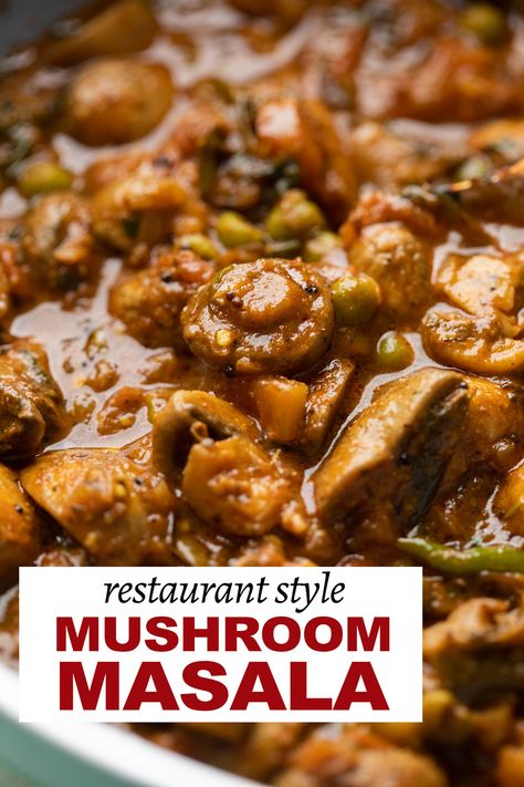 Closeup of mushroom masala to show texture of the curry with text overlay Mushroom Masala Indian, Mushroom Peas Curry, Masala Mushroom Recipe, Mushroom Mattar Masala, Indian Mushroom Recipe, Mushroom Curry Indian, Mushroom Gravy Recipe Indian, Indian Dinner Recipe, Indian Mushroom