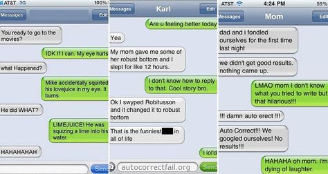 Auto correct is usually a very useful tool, fixing our spelling and typo’s as we text at a fast pace. Yet sometimes the little computer in your phone corrects your mistake with the wrong word. And occasionally, the replacement word is very, very wrong, when read in context. Check out these auto correct fails! Auto Correct Fails, Auto Correct Texts, Auto Correct, Autocorrect Fails, Message Mom, Smosh, Text Messages, Funny Texts, Fails