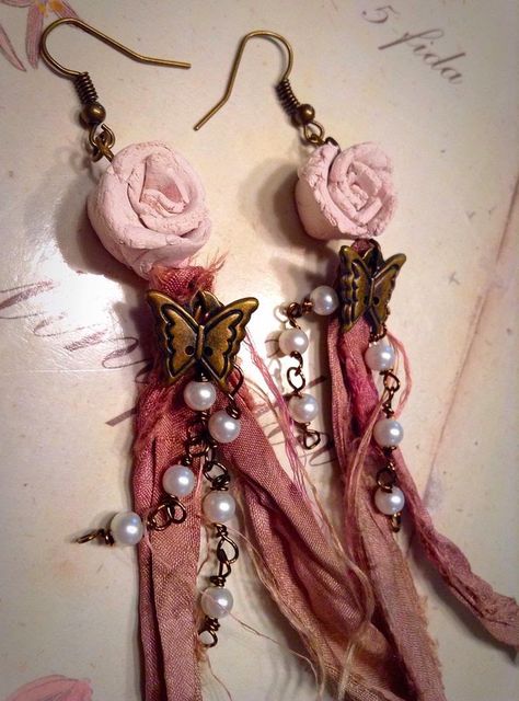 February Monthly Challenge Winners Ribbon Jewelry Diy, Sari Ribbon Jewelry, Shabby Chic Earrings, Sari Silk Jewelry, Clay Roses, Textile Earrings, February Challenge, Tiny Butterfly, Sari Ribbon