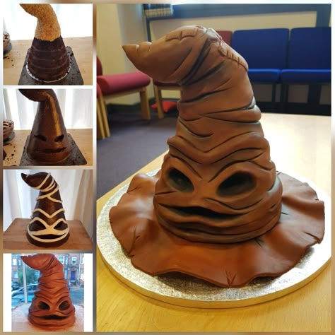 3d Cakes Ideas, Dobby Cake Ideas, Harry Potter Fondant Figures, Sorting Hat Cake, Fondant Harry Potter Wand, Harry Potter Hat Cake, Harry Potter Sorting Hat Cake, Fondant Sorting Hat, Harry Potter Theme Cake