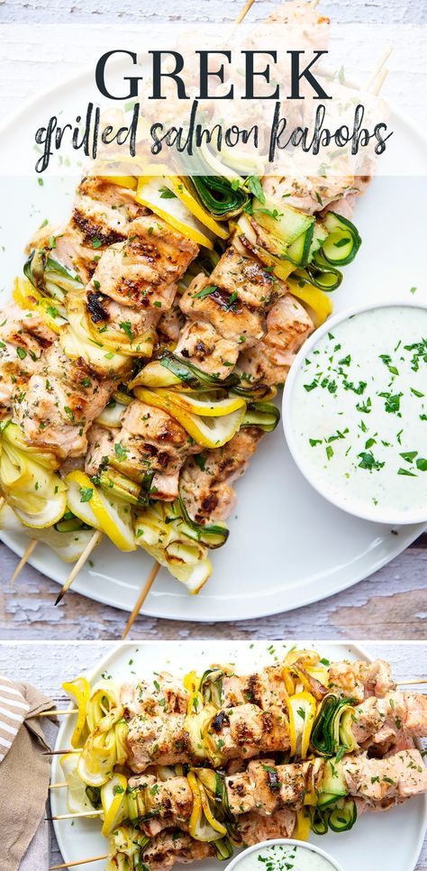 These Greek-inspired salmon kabobs feature salmon marinated in fresh lemon and herbs, grilled until perfectly tender, and served with a tangy whipped feta sauce for dipping. Grilled Salmon Skewers With Creamy Dill Yogurt Sauce, Salmon Party Food, Salmon Skewers Grilled, Salmon Kabobs On The Grill, Fish Kabobs, Grilled Salmon Kabobs, Cycle Care, Feta Sauce, Salmon Kabobs