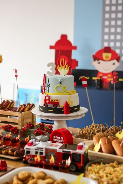 Fire Truck Themed Birthday Party Food, Fire Dept Birthday Party Ideas, Firetruck Birthday Food Ideas, Birthday Party Firefighter, Fire Truck Birthday Cake Ideas, Vintage Firetruck Birthday Party, Fireman 3rd Birthday Party, Firefighters Birthday Party Ideas, Fire Truck Birthday Party Decorations