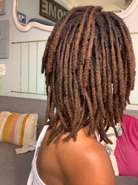 Dark Brown Dreads Black Women, Brown Ombre Locs Black Women, Highlight Locs, Honey Brown Dreads, Chocolate Brown Locs, Loc Highlights, Light Brown Locs, Locs With Highlights, Dark Brown Dreads