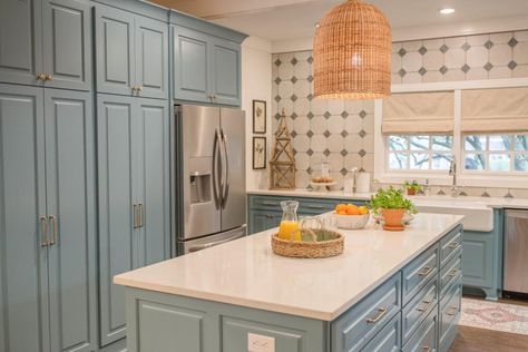 Home Town: A Southern Dream in Shades of Blue | Home Town | HGTV Hometown Hgtv, Home Town Hgtv, Ben Napier, Hgtv Kitchens, Erin Napier, Patterned Tile Backsplash, Southern Mississippi, White Tile Floor, Southern Kitchens