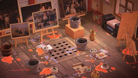 Kristian Crossing on Instagram: “An artist's room in ACNH. Swipe for the spilled ink custom design codes. This could also be Redd's workshop for those fake paintings. ☺️…” Spilled Ink, Motif Acnl, Animals Crossing, Pride Rock, Happy Home Designer, New Animal Crossing, Animal Crossing Game, Island Design, Animal Crossing Qr