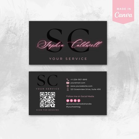 QR Code Business Card| Black Neon Pink Minimalist Business Card Template Editable Canva Template Printable Elegant Card for Small Business Card Business Ideas, Neon Business Cards, Minimal Business Card Design, Real Estate Agent Business Cards, Pink Business Cards, Business Card Design Black, Elegant Business Cards Design, Business Card Design Minimal, Signs Business