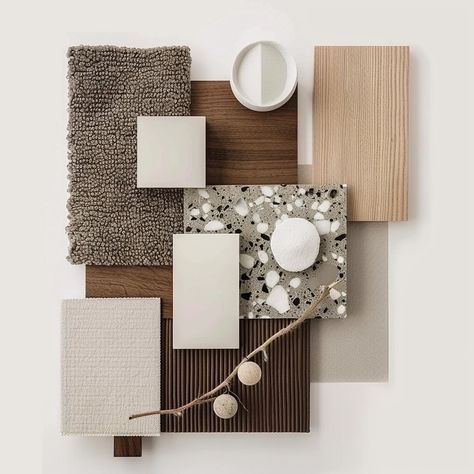 Moodboard | Projeto Paleta sofisticada de cores, texturas e materiais - como linho, lã e madeira. A luz do dia e o calor dos móveis, com tons inspirados na natureza, conspiram para encher esta sala de estar com tranquilidade e conforto. #arquitetura #arquiteturadeinteriores #arquiteturabrasileira #arquiteturacontemporanea #arquitetocampinas #campinas #sp Luxury Mood Board, February 19, Mood Board Design, Office Design, Mood Boards, Wall Design, Paint Colors, Mood Board, House Design