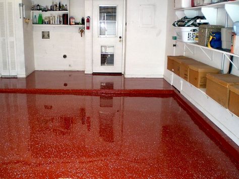 Its a bit daring, but every client who ordered a red epoxy garage floor has never been disappointed. Garage Paint, Garage Boden, Garage Floor Paint, Garage Floor Coatings, Garage Floor Epoxy, Red Floor, Concrete Coatings, Refinishing Floors, Brick Exterior House