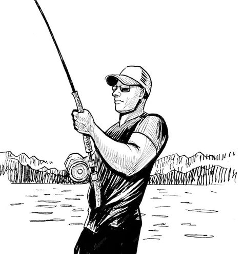 Premium Photo | Fisherman with a spinning fishing rod. Ink black and white drawing, Man Fishing Drawing, Fishing Drawing, Drawn Fish, White Drawing, Fish Drawings, Fish Man, Poster Maker, Business Card Maker, Black And White Drawing