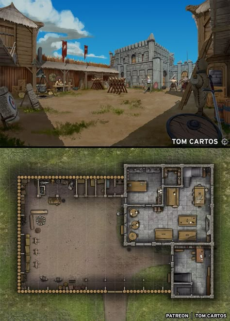 Click the link to download & find out more. #tomcartos #battlemap #map #ttrpg #dnd #rpg #pathfinder #dungeons #dragons #5e #d&d #free #illustration #scene #concept #art #garrison #fort #castle #barracks #outpost Scene Concept Art, Illustration Scene, Maps Rpg, Pathfinder Maps, Fantasy Map Making, Dragons 5e, Dnd World Map, Building Map, Minecraft Castle